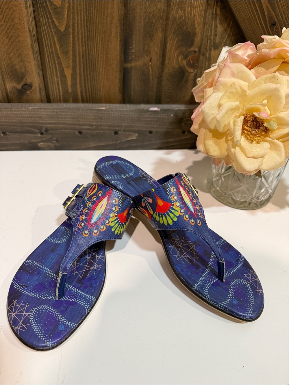 ICON Blue Floral Print Thong Sandals with Multicolor Accents